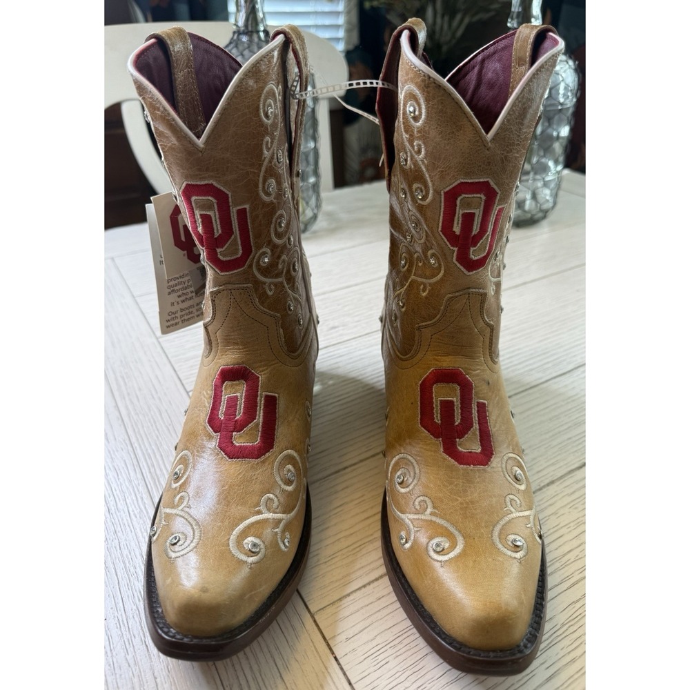 NCAA Vaccari OU Oklahoma Sooners Women 10 Midcalf Leather NWT Cowboy Boots Rare - Picture 2 of 12